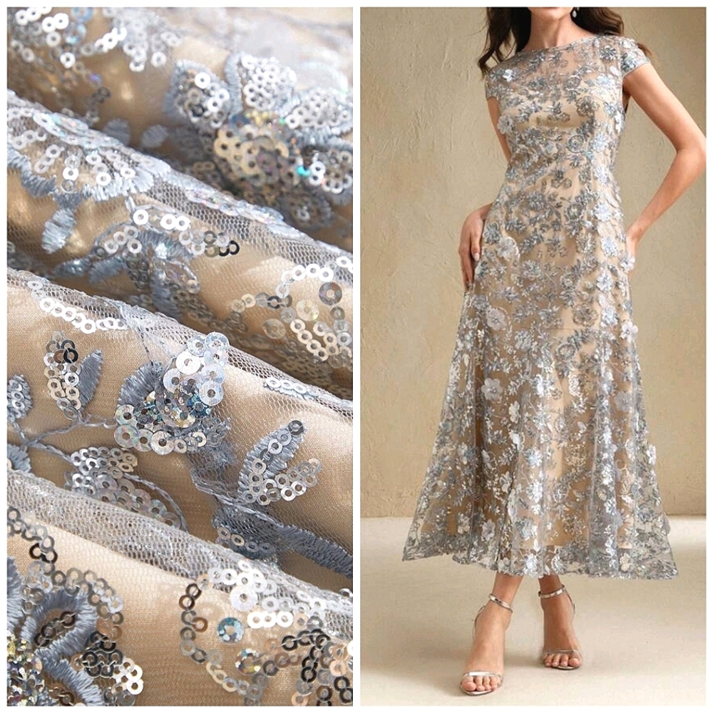 New Embroidered Floral Sequin Flare Skirt Midi Dress Silver Beige Tan